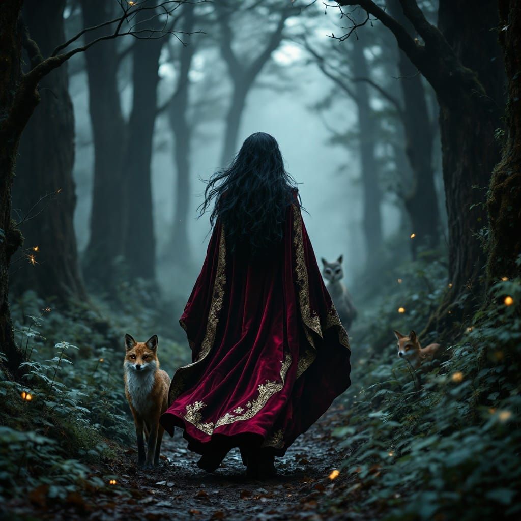 Enchanted Witch Strolls Through Mysterious Forest in Velvet....