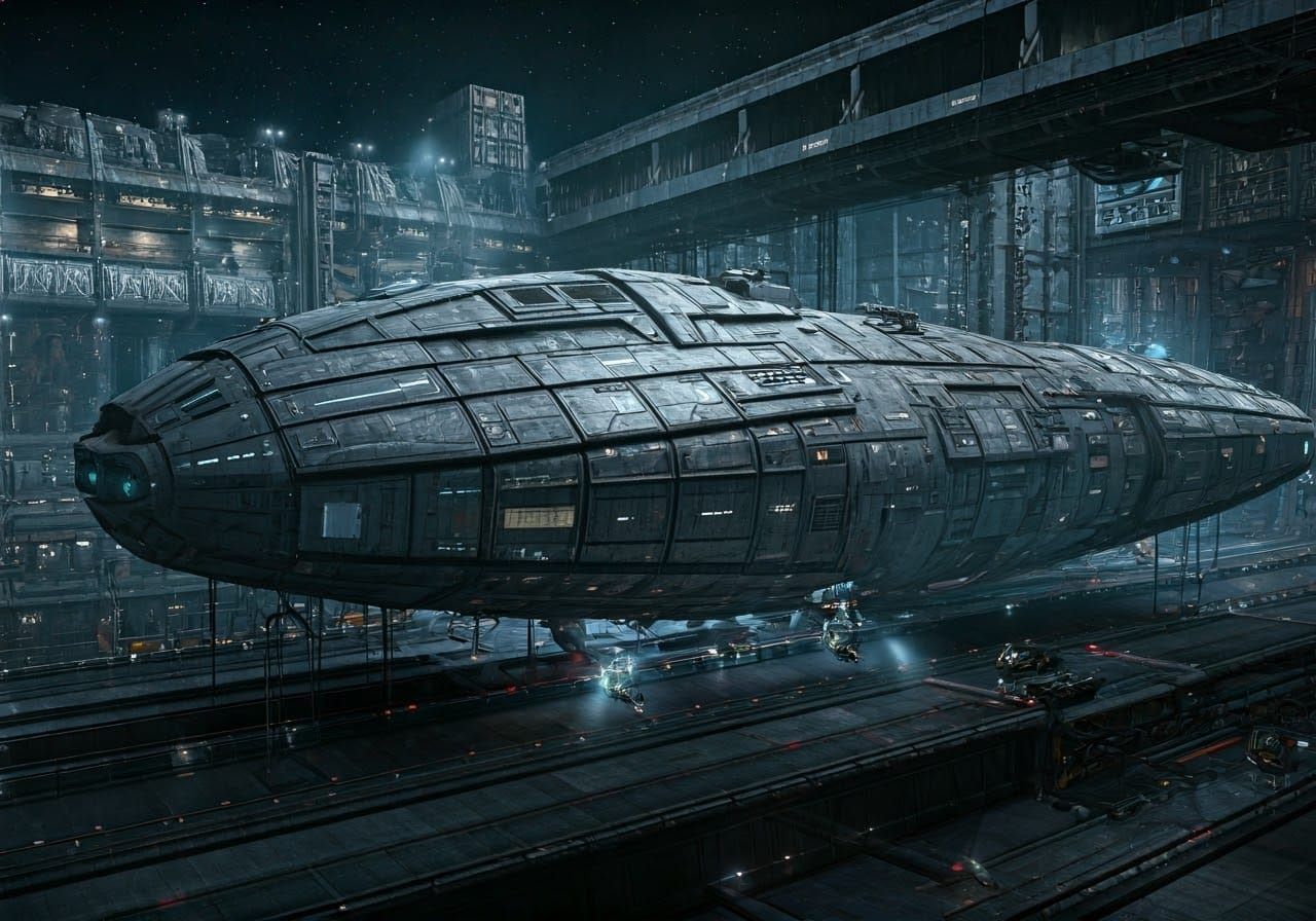 Cyberpunk Space Station Repair Bay with Battle-Scarred Stars...