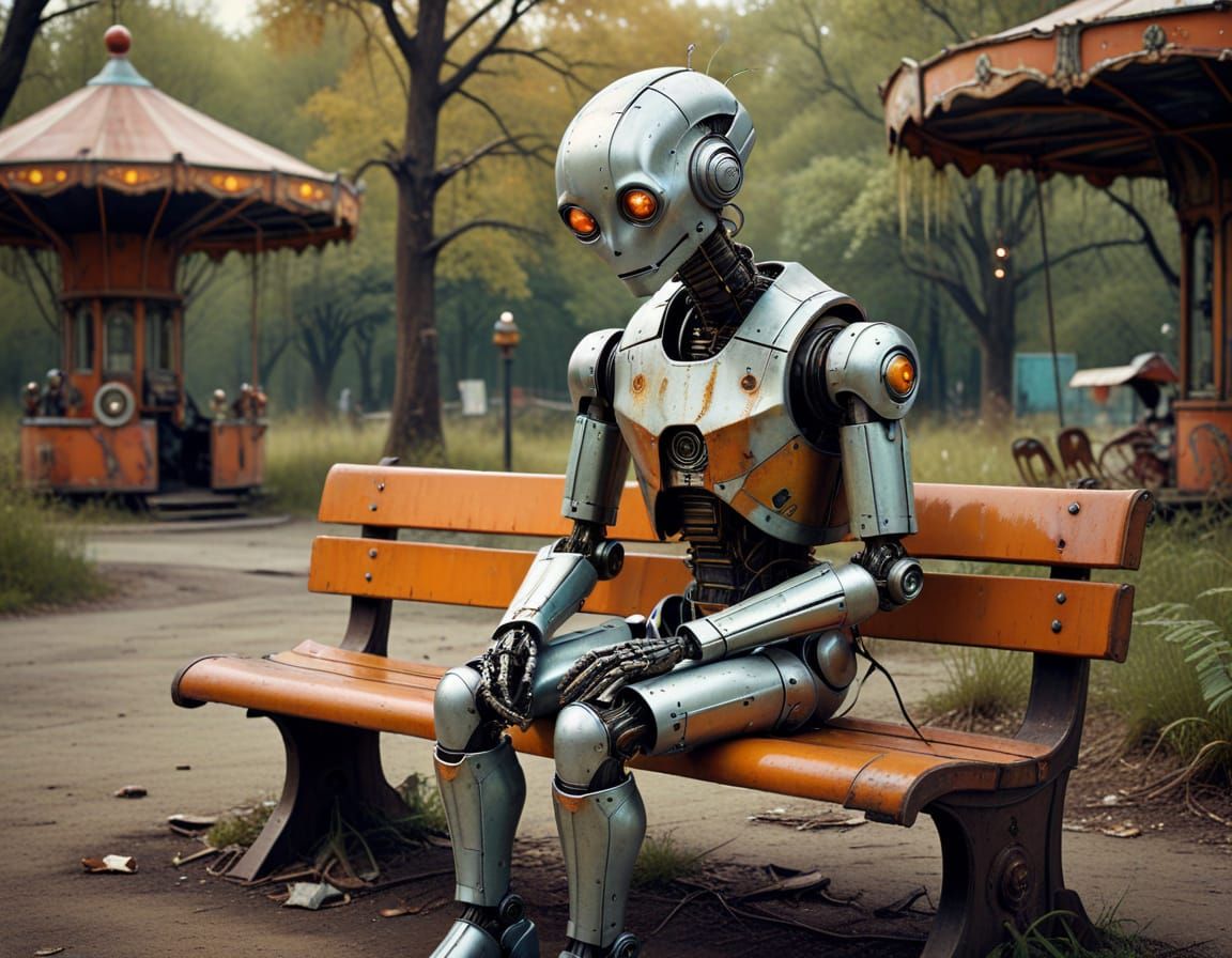 Melancholic Robot in Abandoned Amusement Park