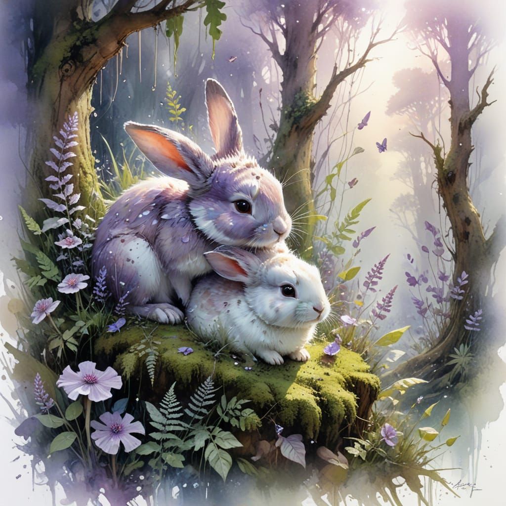 Fairy Rabbits in Bioluminescent Oak, Fantasy Digital Art
