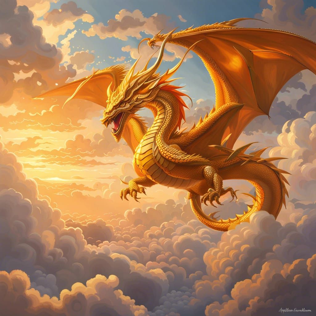 Golden Dragon Flight in Cloudscape Concept Art