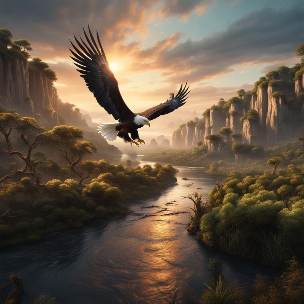 Eagle Soaring Over Sunrise Landscape