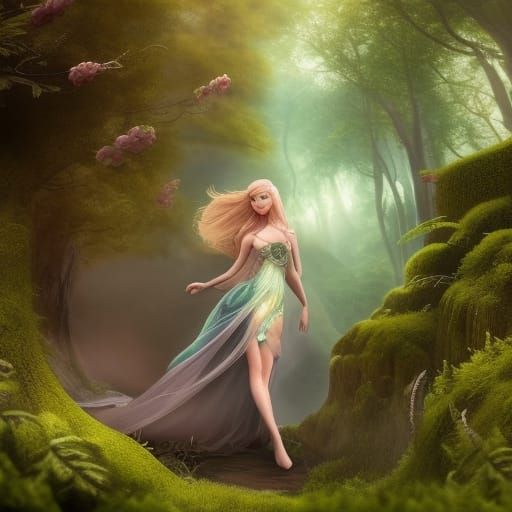 Blonde Fairy in Green Dress: Digital Matte Painting