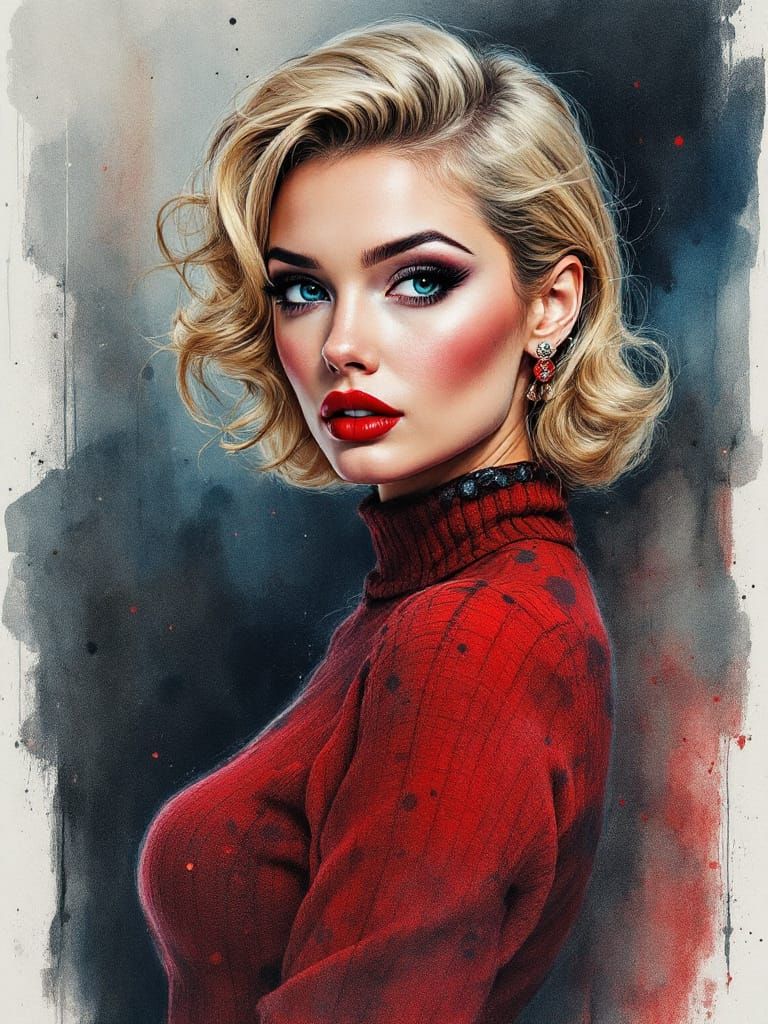 Crimson Pin-Up Woman in Surreal Watercolor Style