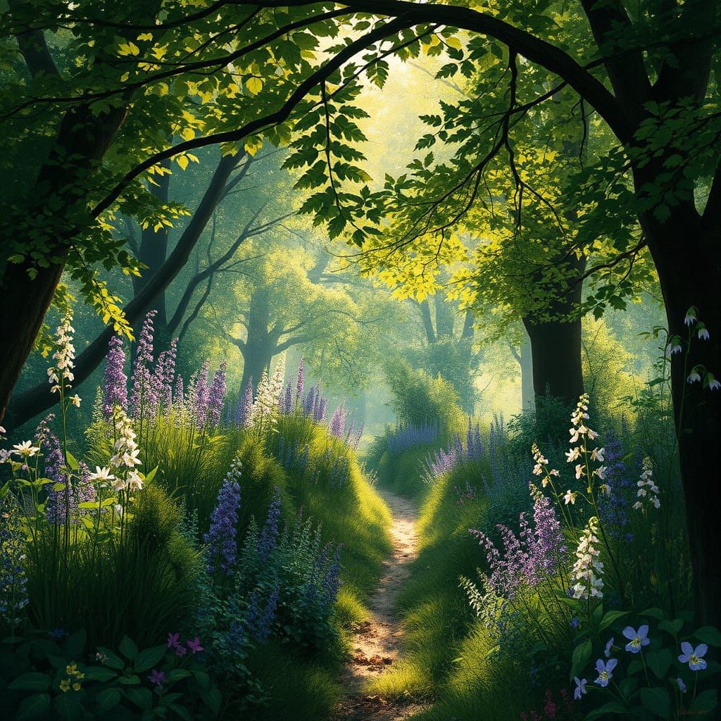 Enchanted Forest Glade in Pre-Raphaelite Style