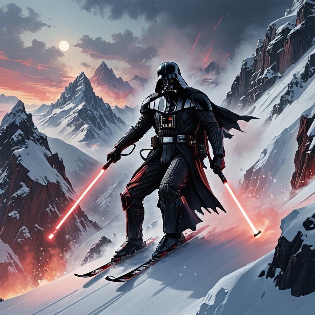 Darth Vader Skis in Surreal Anime Style