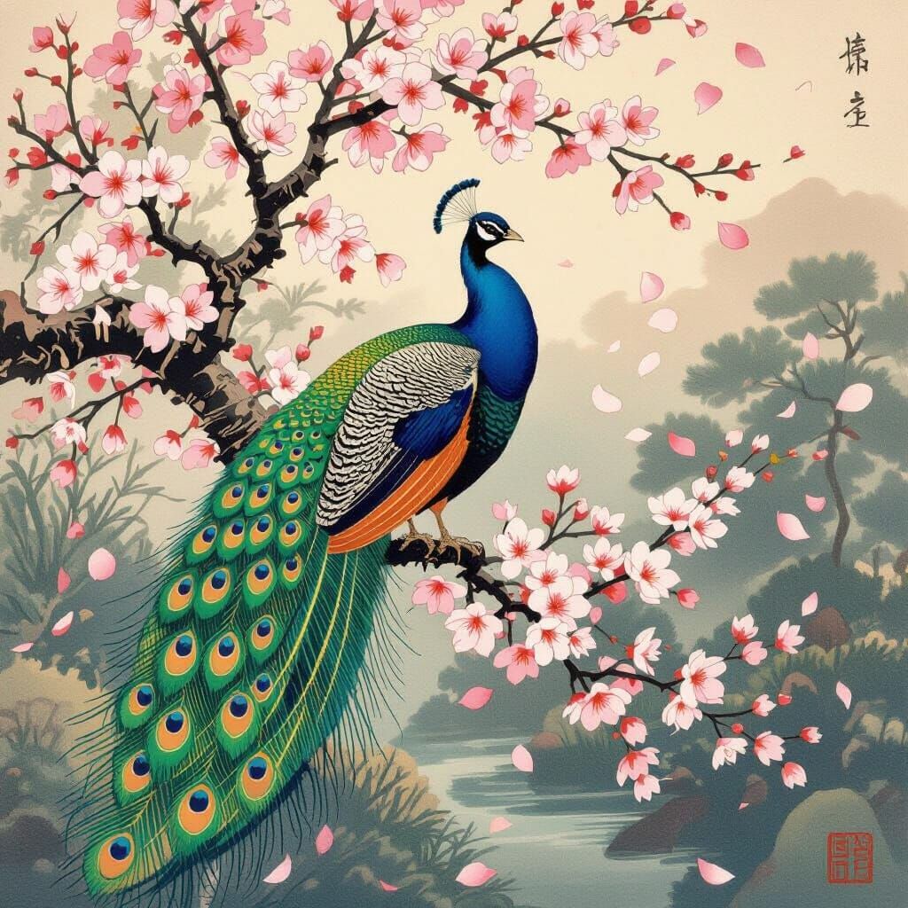 Peacock in Japanese Garden, Woodblock Print Style