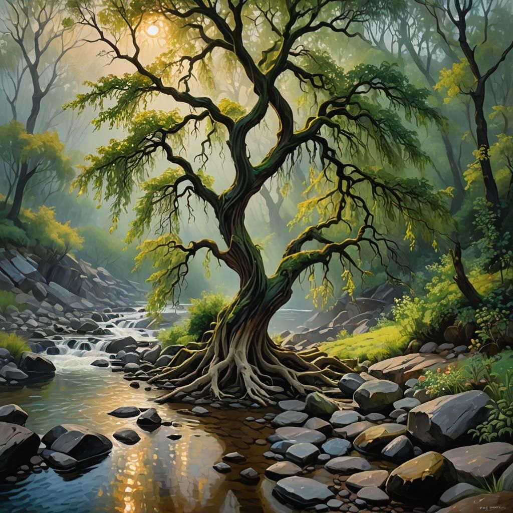 Corkscrew Willow Tree in Impressionistic Impasto Style