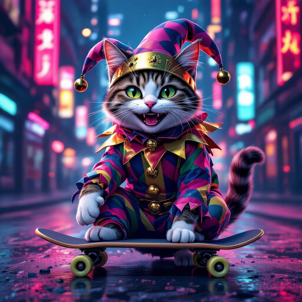 Cat Jester with Skateboard in Cyberpunk Style