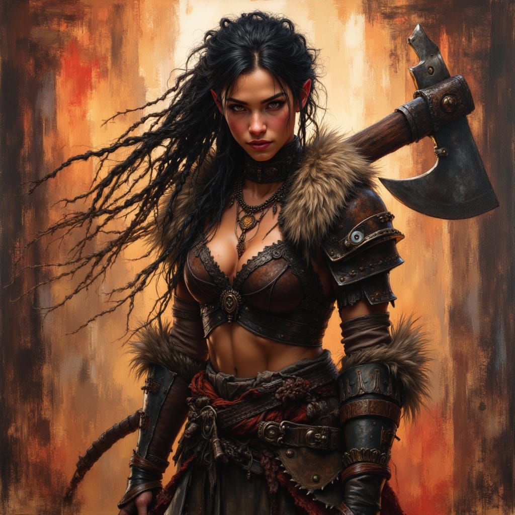 Orc Barbarian Roaring in Stormy Ruins