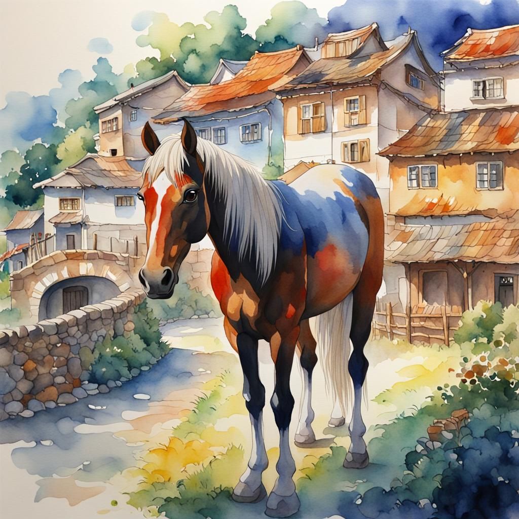 Beautiful Horse Portrait in Ghibli Watercolor Style