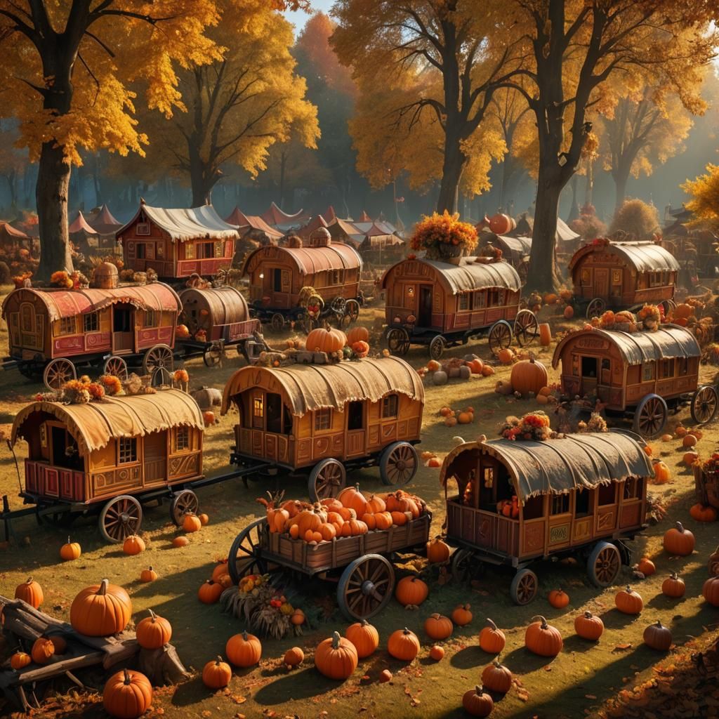 Colorful Gypsy Wagons in Autumn Forest Landscape