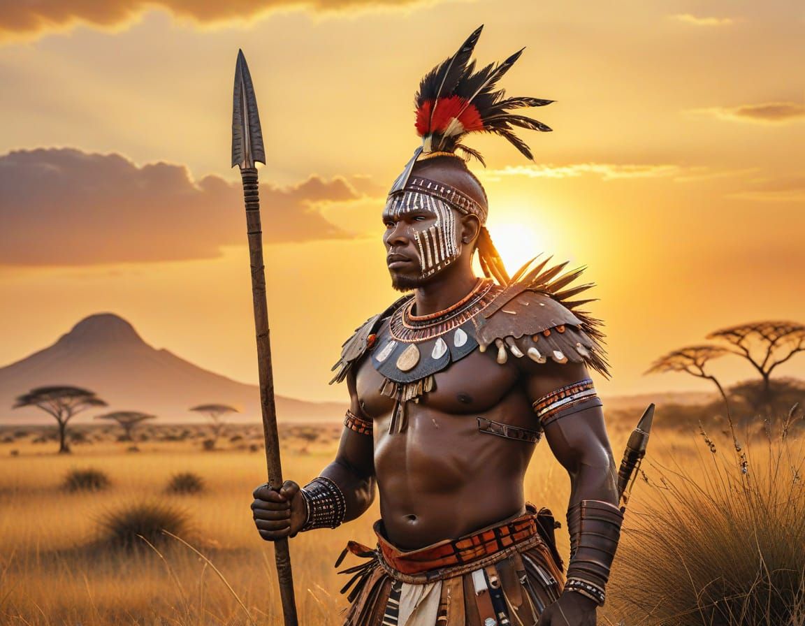 Zulu Warrior in African Grassland Sunset Watercolor