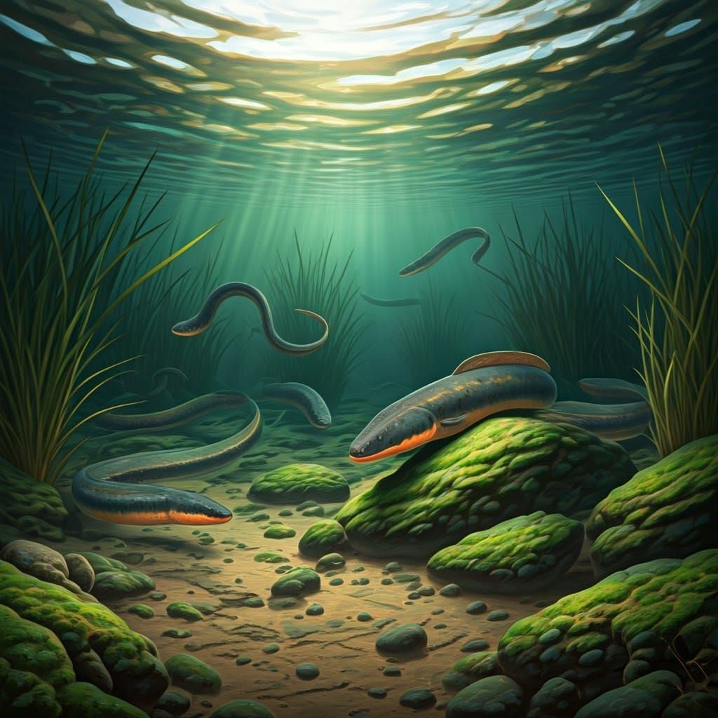 Electric Eels in a Swampy Aquatic Scene, Rendered in Vivid D...