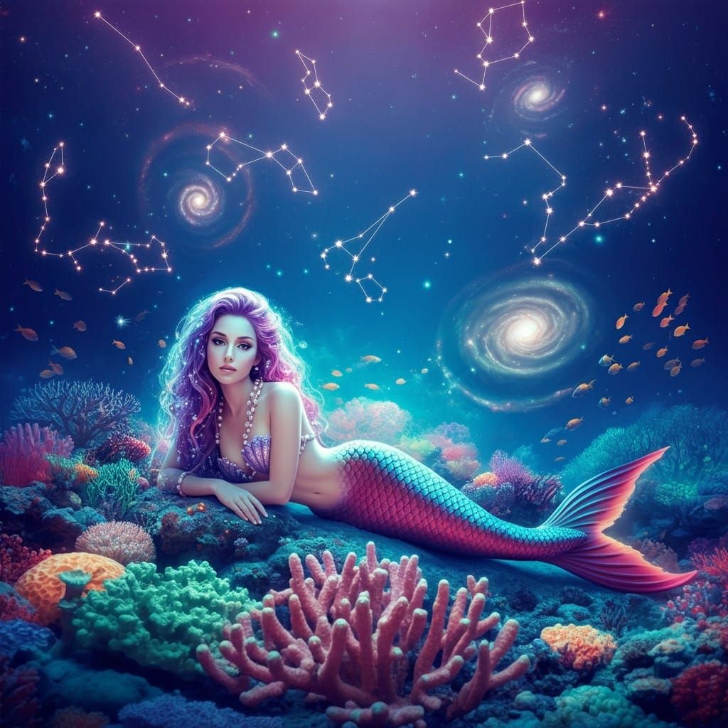 Vibrant Mermaid in Cubist Galaxy Dreamscape