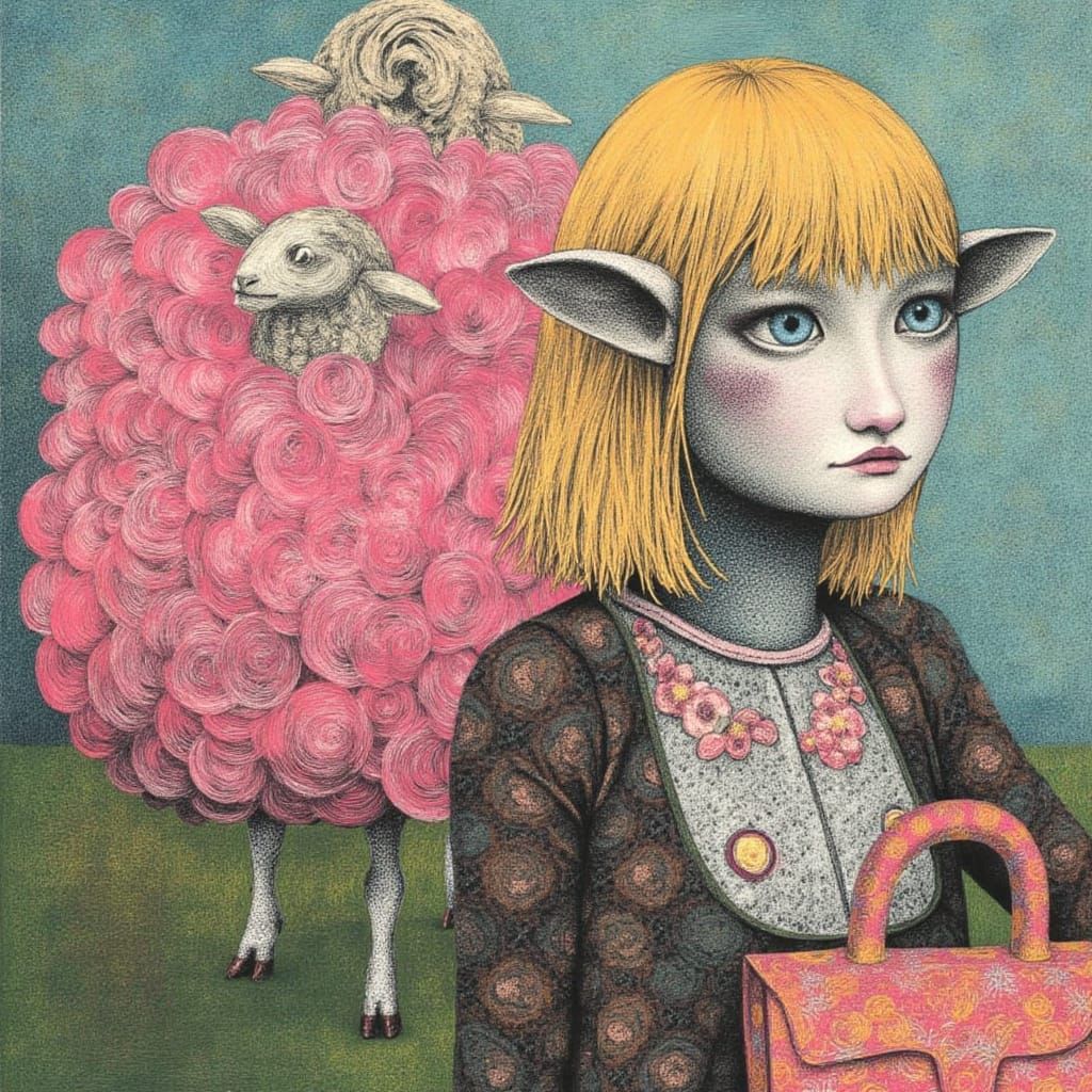 Whimsical Sheep Attends Avant-Garde Theatre with Cotton Cand...