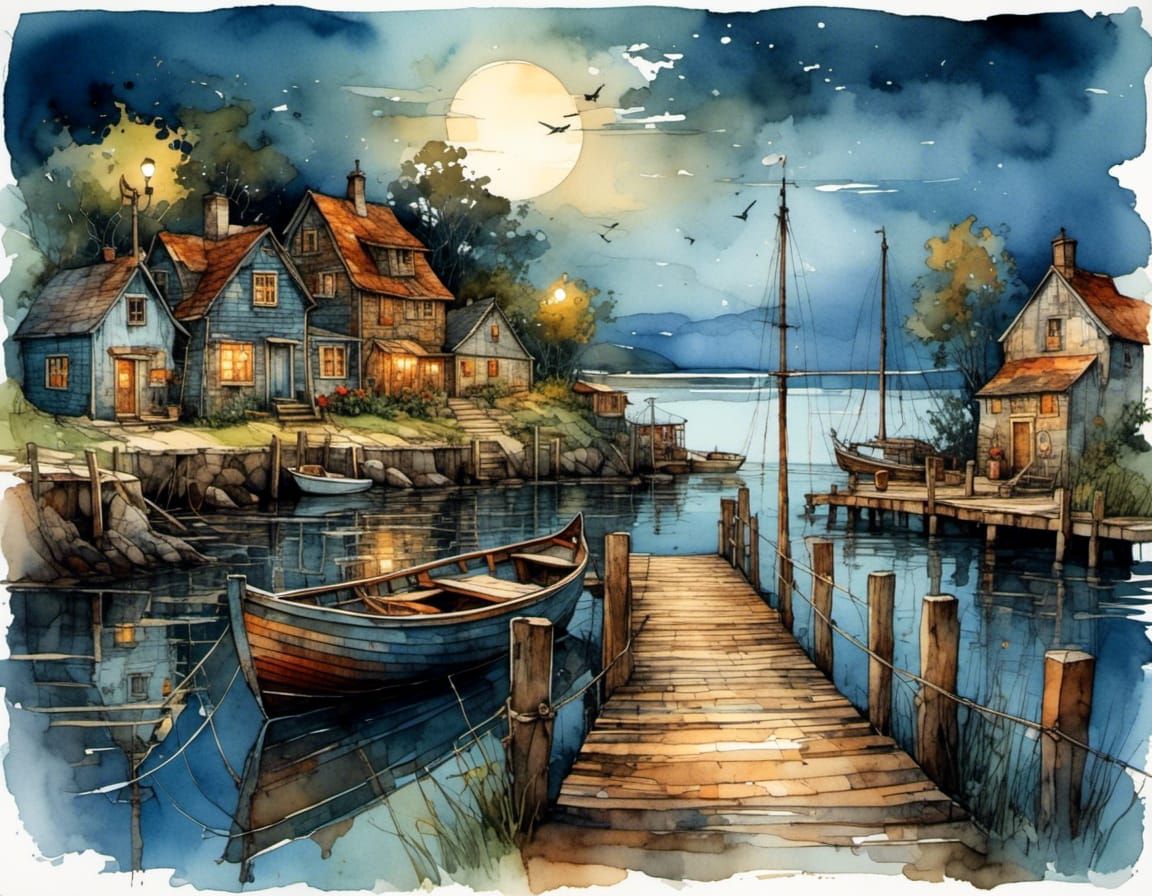 Moonlit Shanty Town: Digital Art Inspired by Anton Pieck