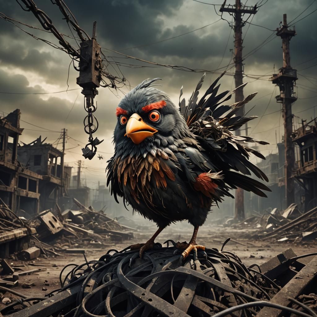 Angry Bird in Dystopian Landscape, Surrealist Style