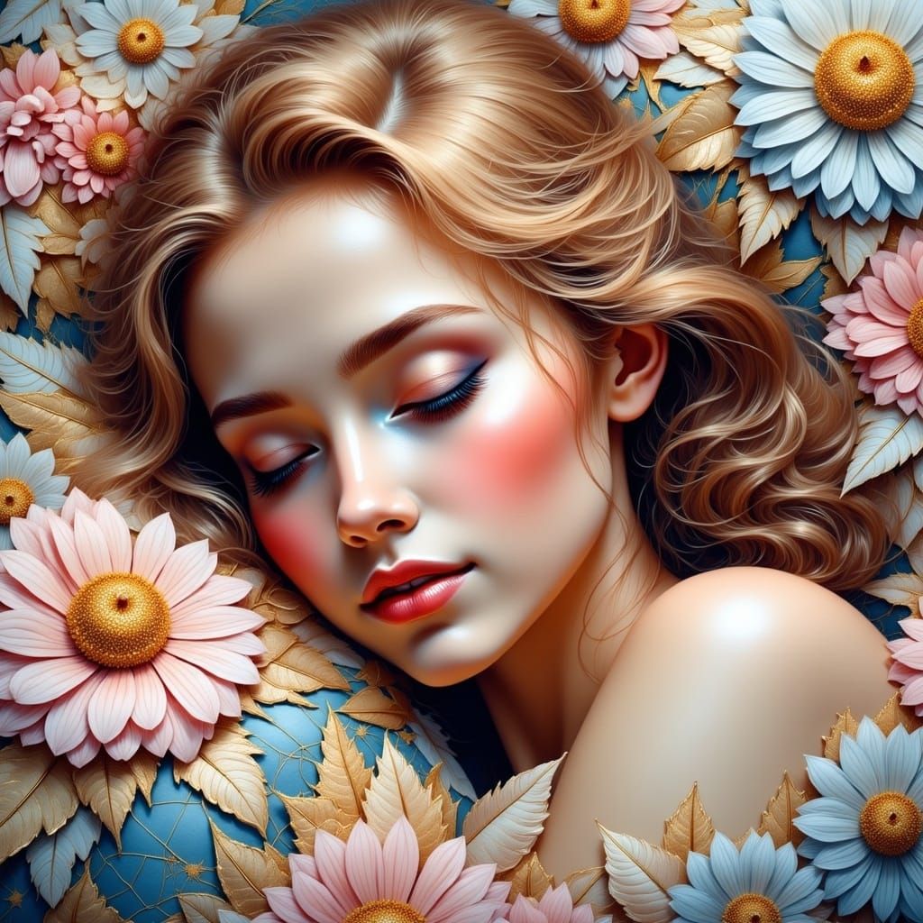 Angel Sleeping on Patchwork Quilt in Dreamy Style