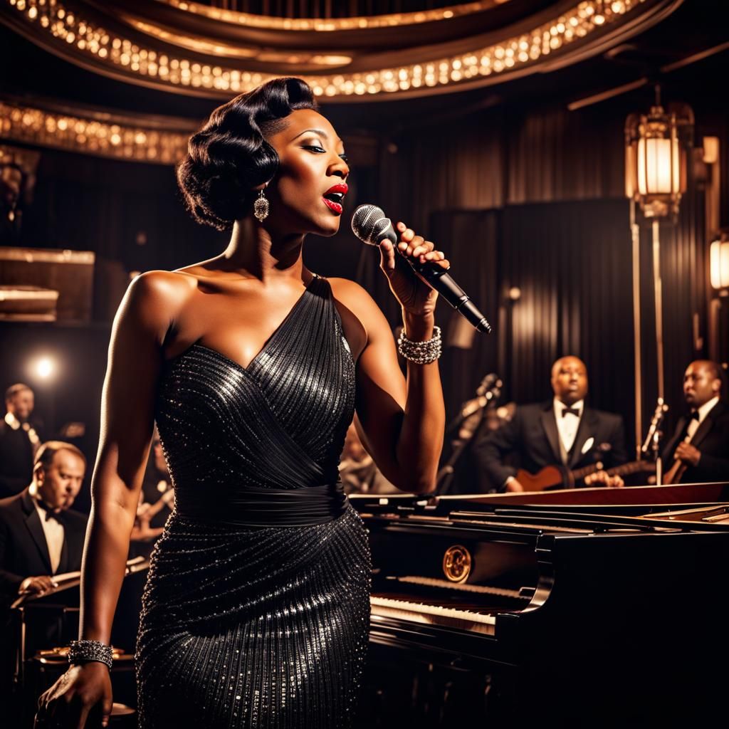 Art Deco Jazz Singer in Hyperrealistic Style