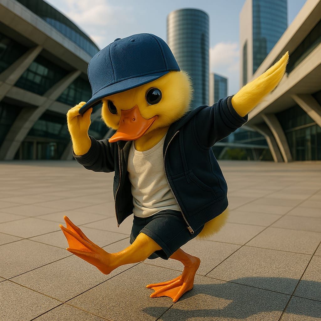 Duckling Breakdancer in a Futuristic Cityscape