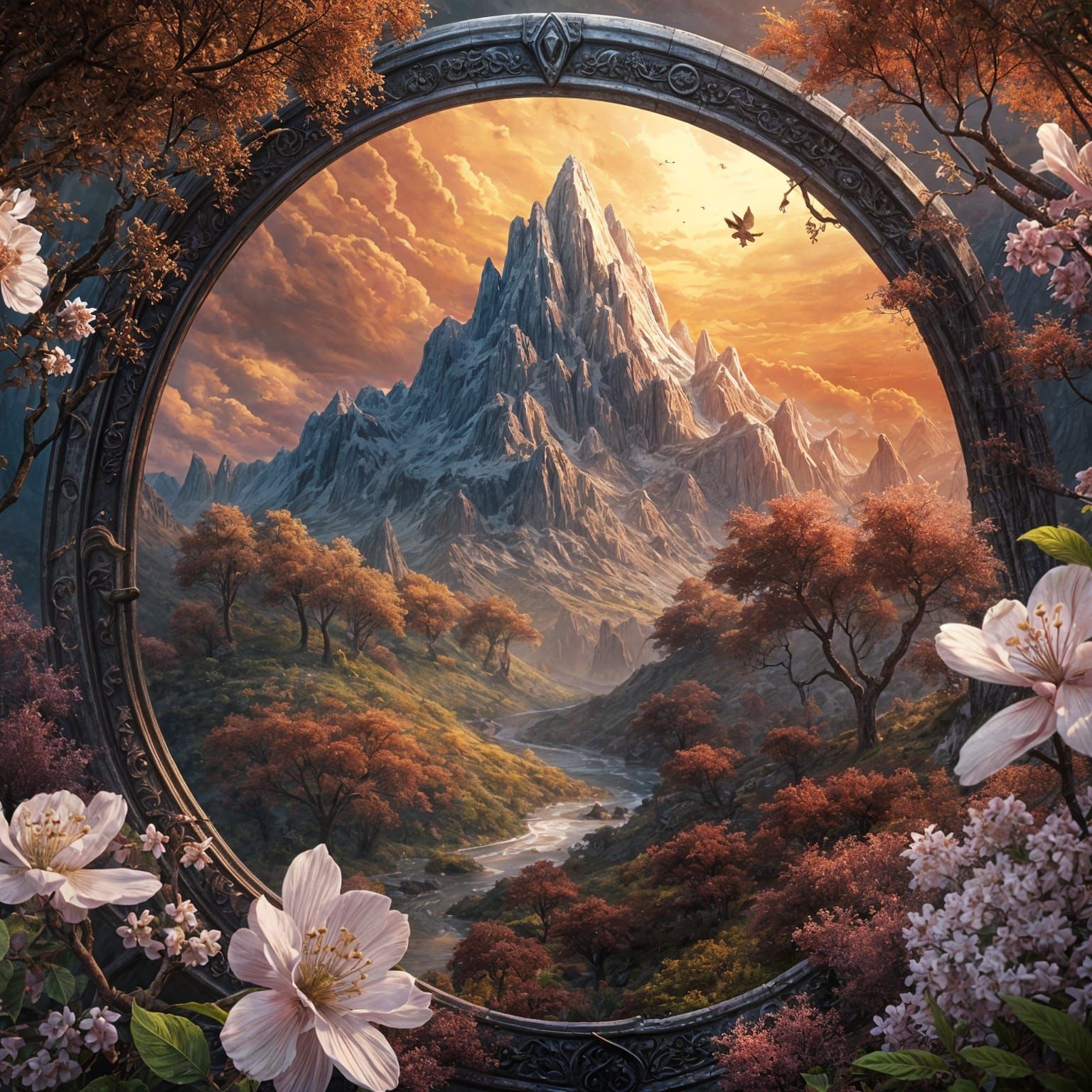 Oval Label Design with Floral & Mountain Elements