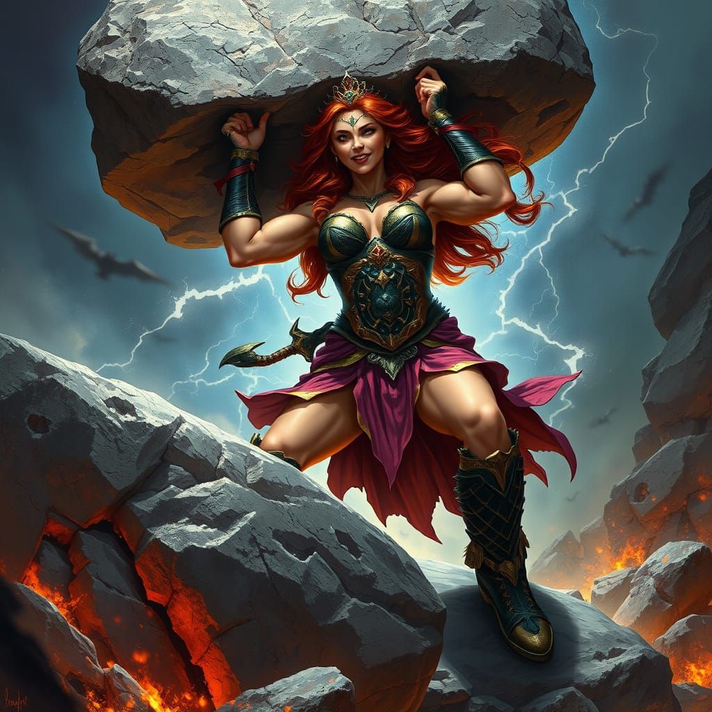 Warrior Woman Lifts Ancient Stone in Epic Fantasy Art