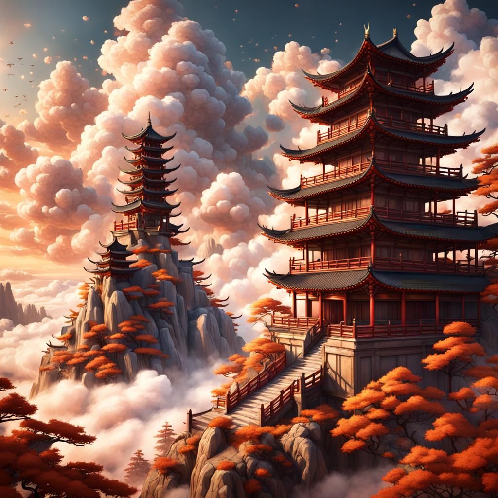 Asian Pagoda with Phoenixes, Shin Hanga Painting