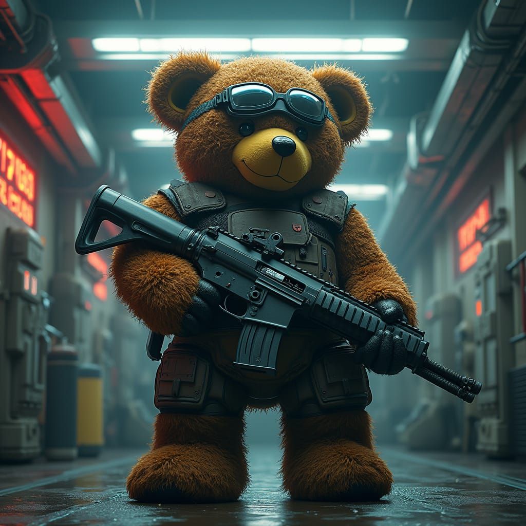 Cyberpunk Teddy Bear Guarding Military Base