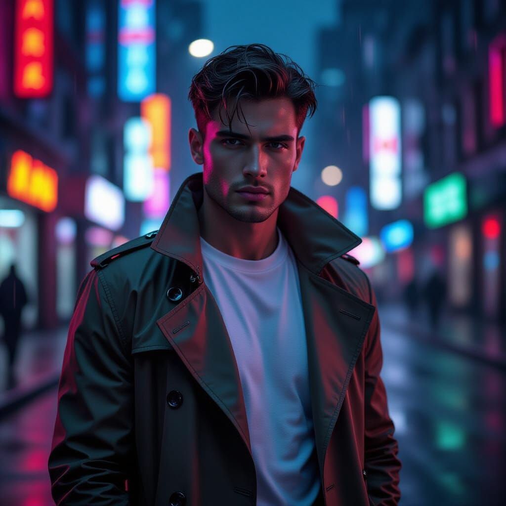 Man on Neon City Street at Night in Synthwave Style
