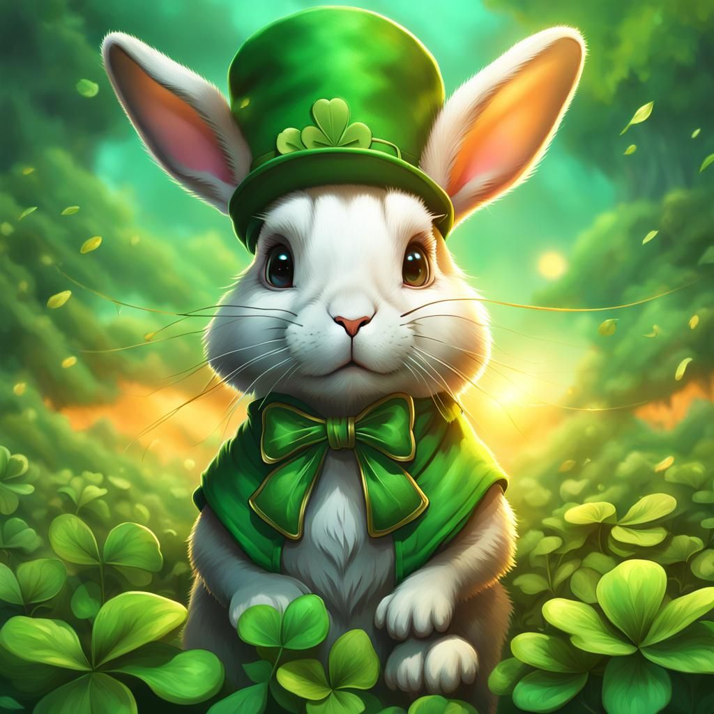 Cute Bunny Portrait with Clovers in Golden Sunset