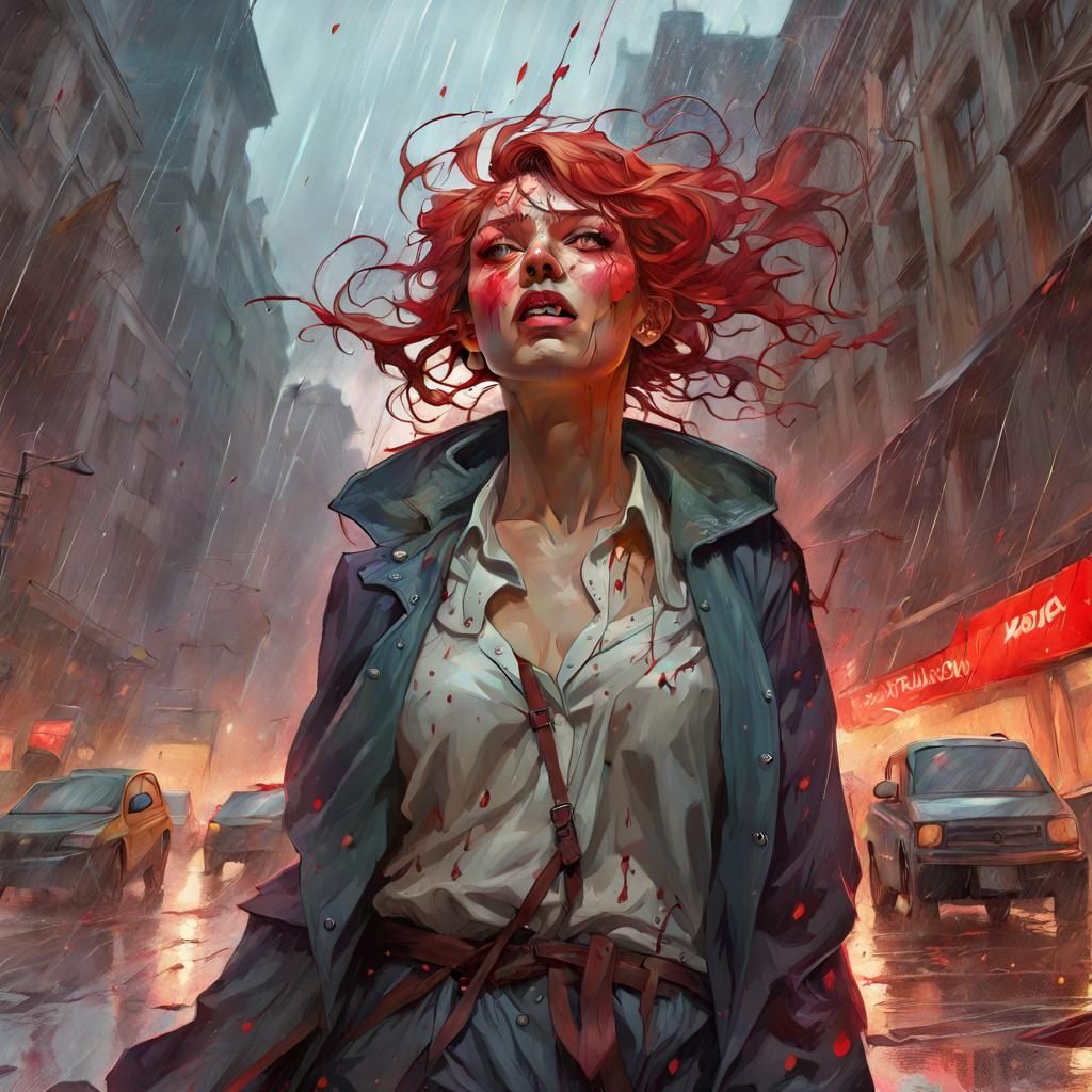 Triumphant Woman Stands in Dead City Rain, Admiring Skyline