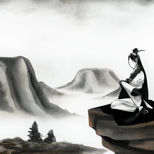 Female Samurai Meditating in Foggy Mountains