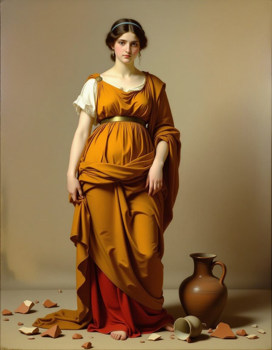 Elegant Woman in Saffron Gown with Broken Jug