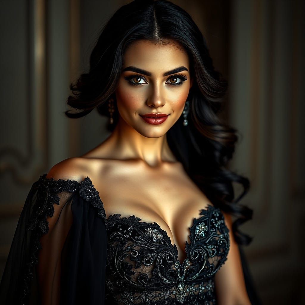 Elegant Evening Gown Portrait in Moody, Cinematic Style