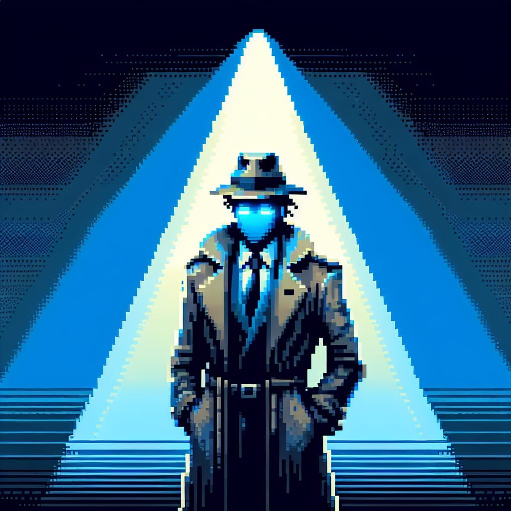 Pixel Art Detective in Synthwave Office