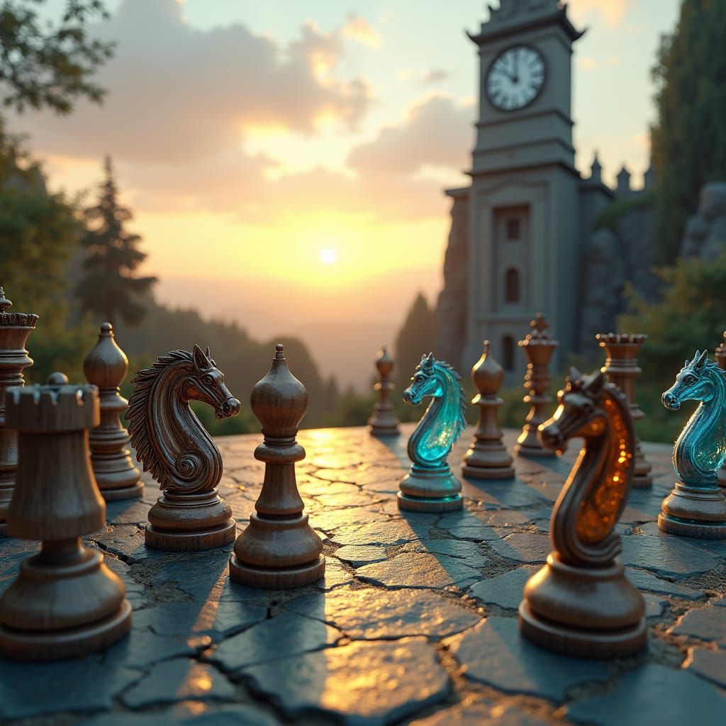 Abstract Chessboard with Ornate Pieces in Dreamlike Setting