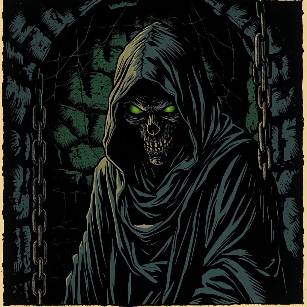 Ghoul in Dungeon: Medieval Horror Linocut