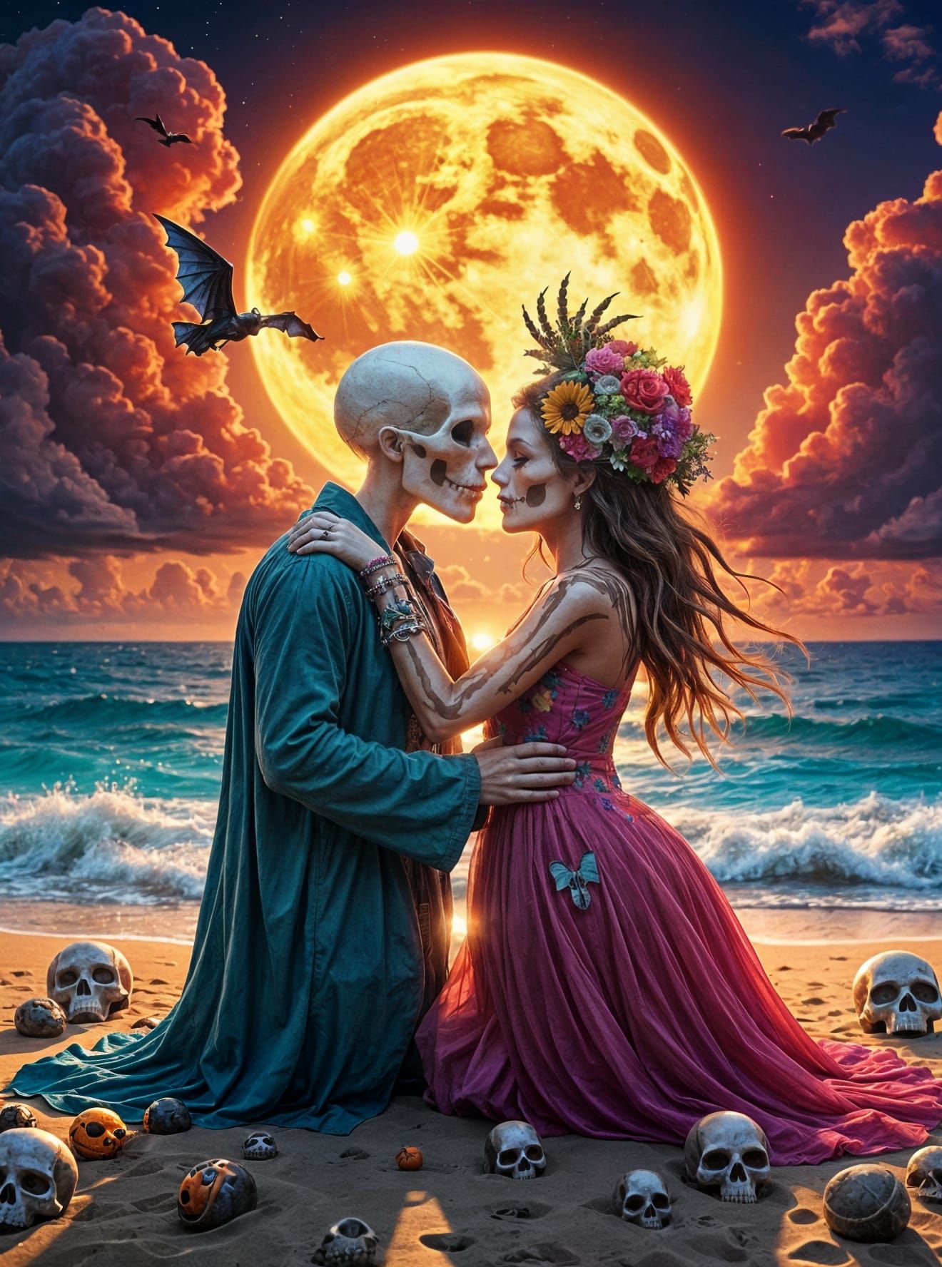 Skulls in Love on a Summerween Beach