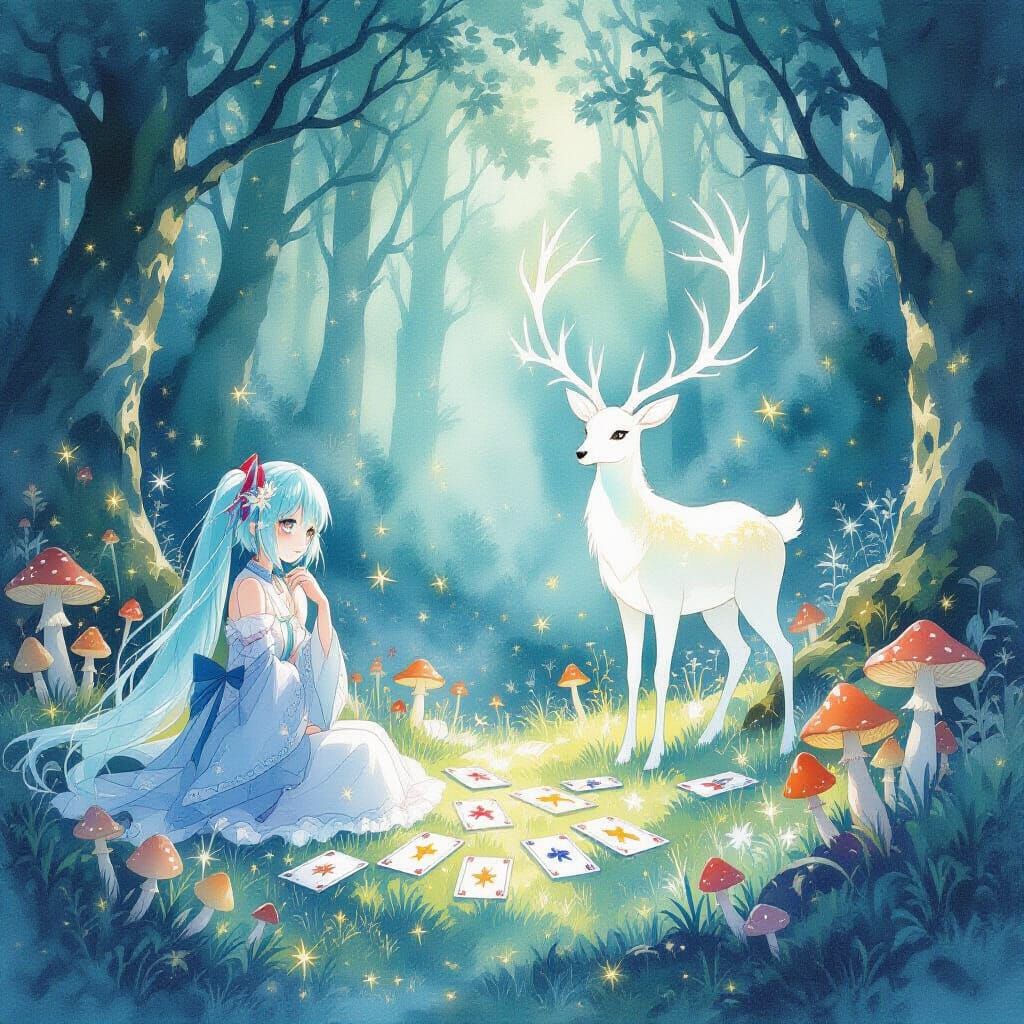 Hatsune Miku in Mystical Forest Clearing with Tarot Cards