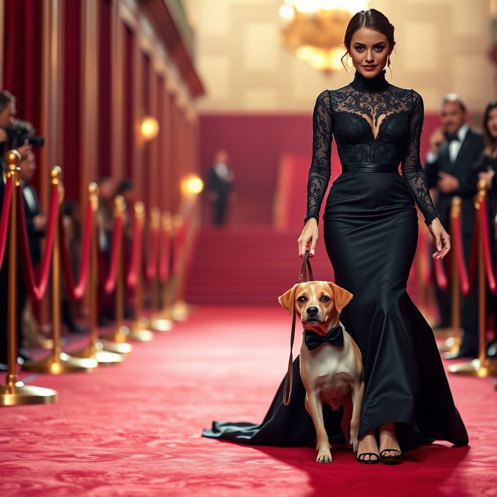 Elegant Woman Walks Red Carpet with Dapper Dog in Bow Tie