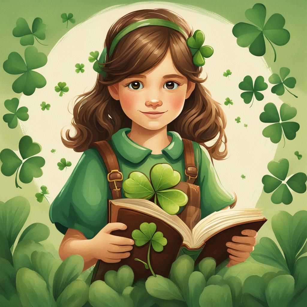 Girl Holds Lucky Clover in Storybook Style