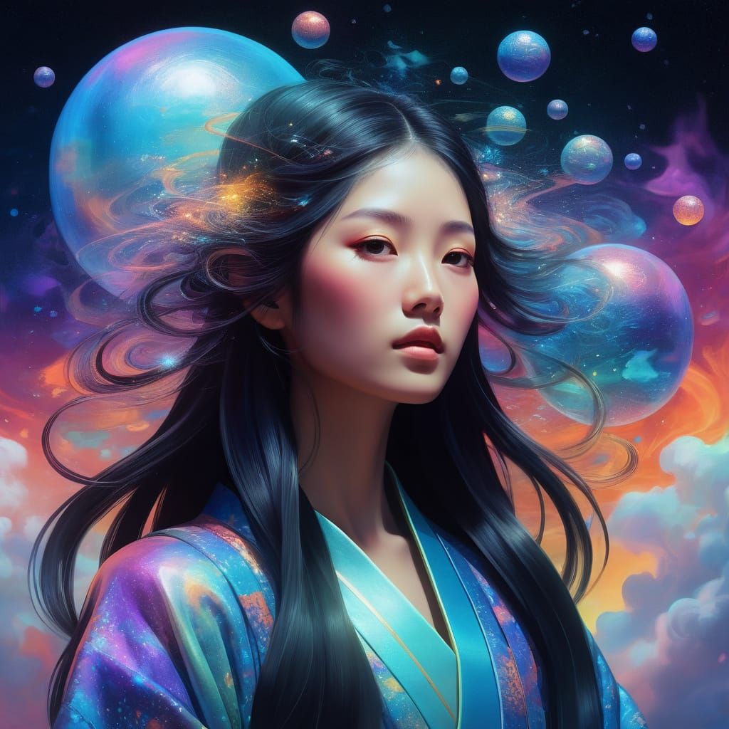 Serene Goddess of the Cosmos in Vibrant Dreamlike Style