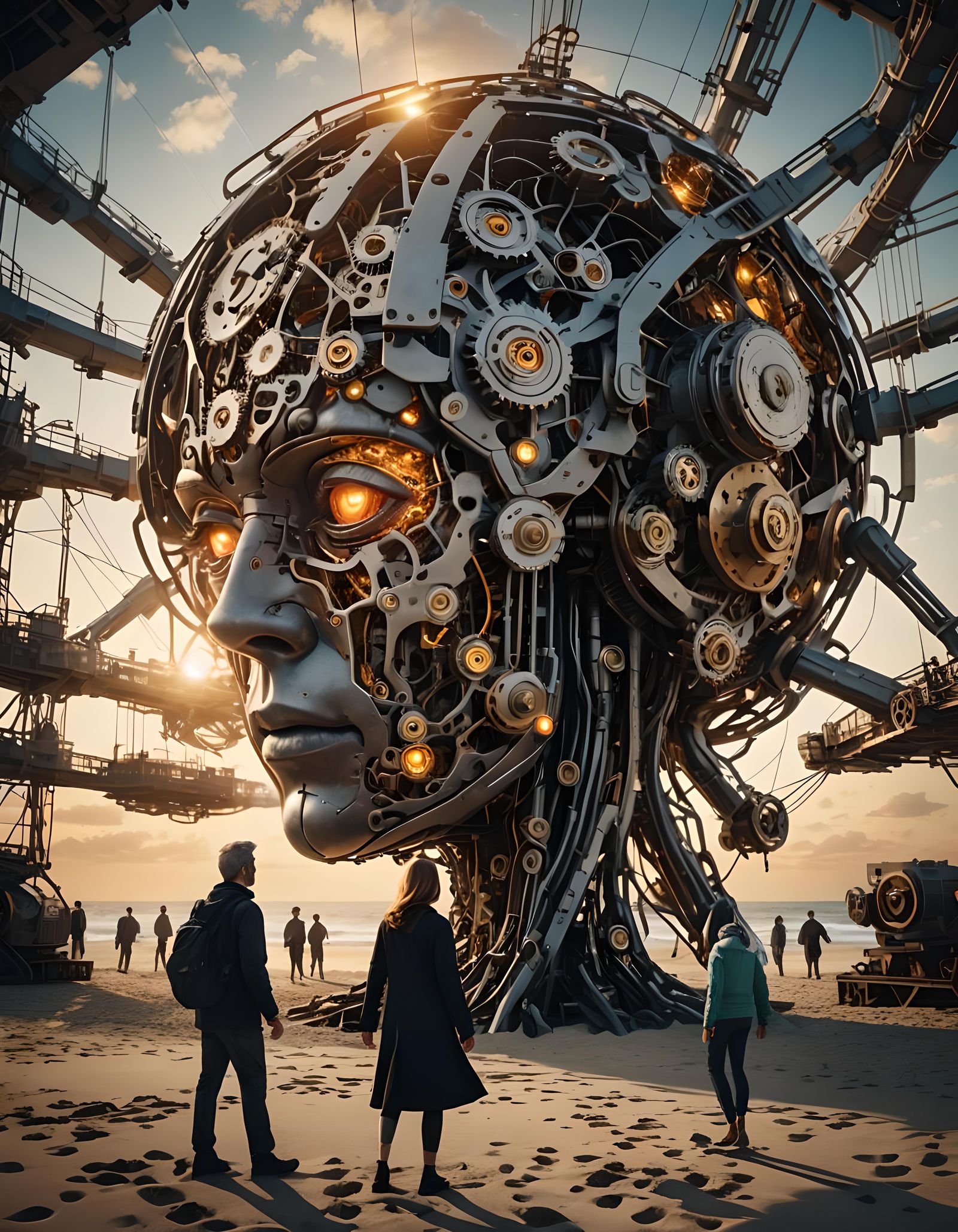 Mechanical Brain Interior at Sunrise: Digital Matte Painting