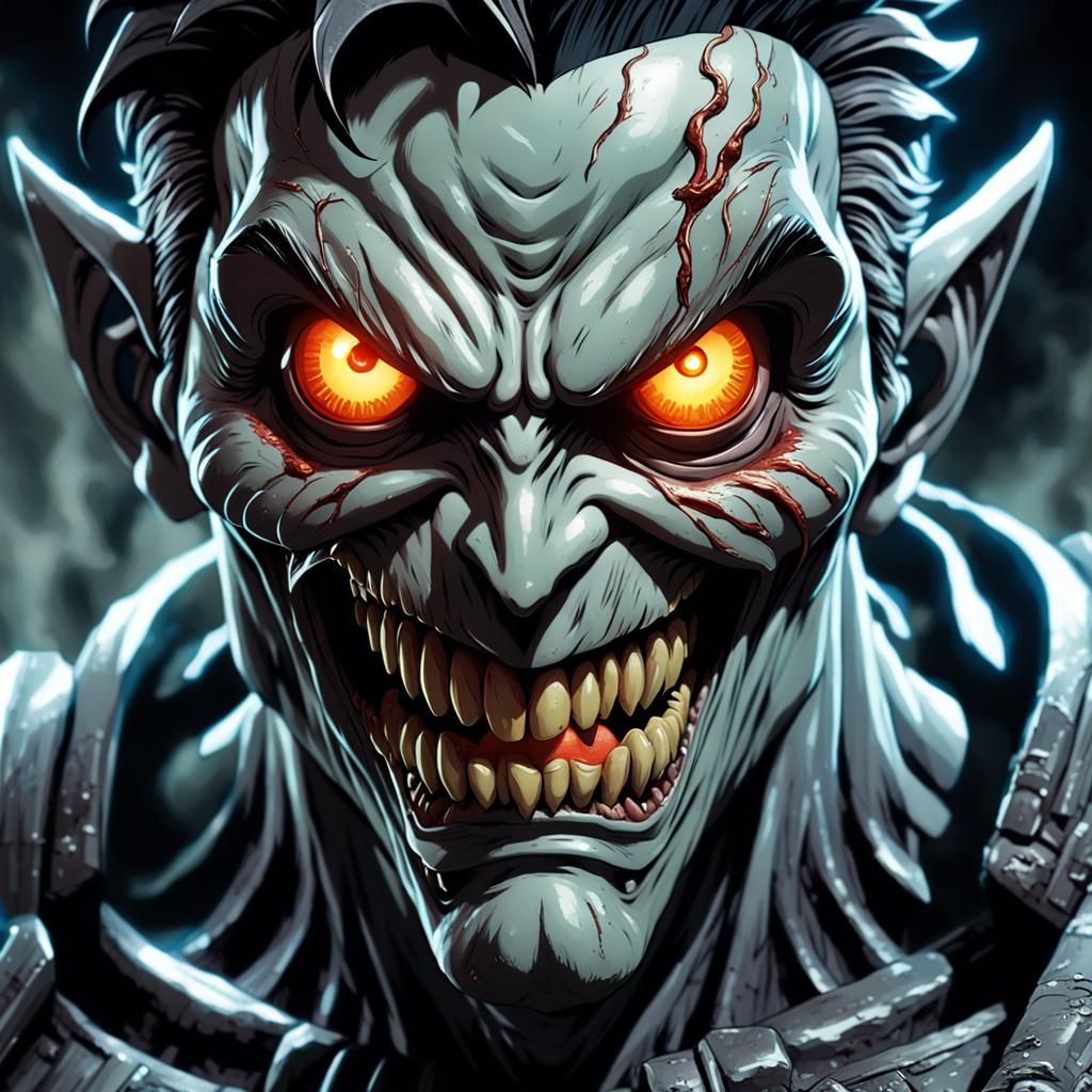 Anime Man Statue with Scary Face and Glowing Eyes