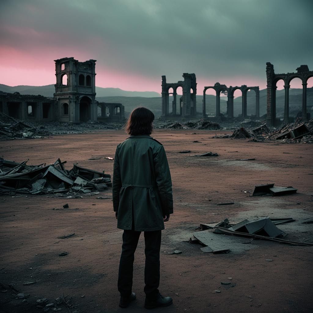 Dystopian Figure in Apocalyptic Landscape