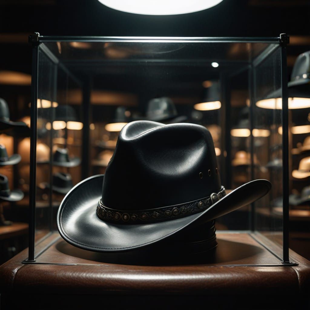 Mesmerizing Black Leather Cowboy Hat in Glass Case