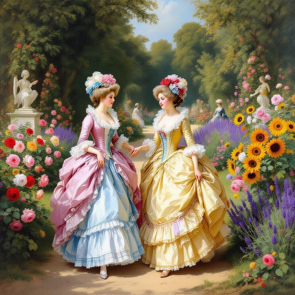 French Ladies Strolling in Versailles Garden, Rococo Style
