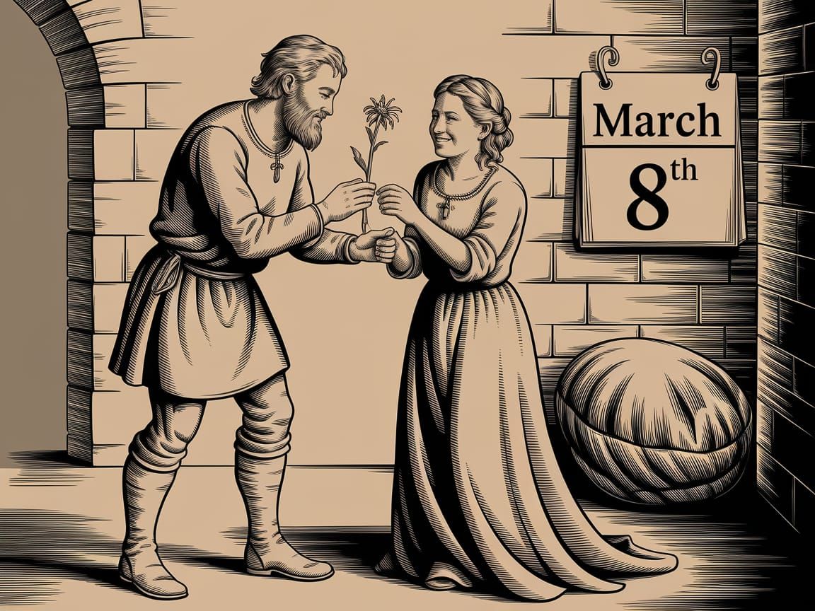 Bearded Husband Surprises Wife with Withered Flower in Medie...