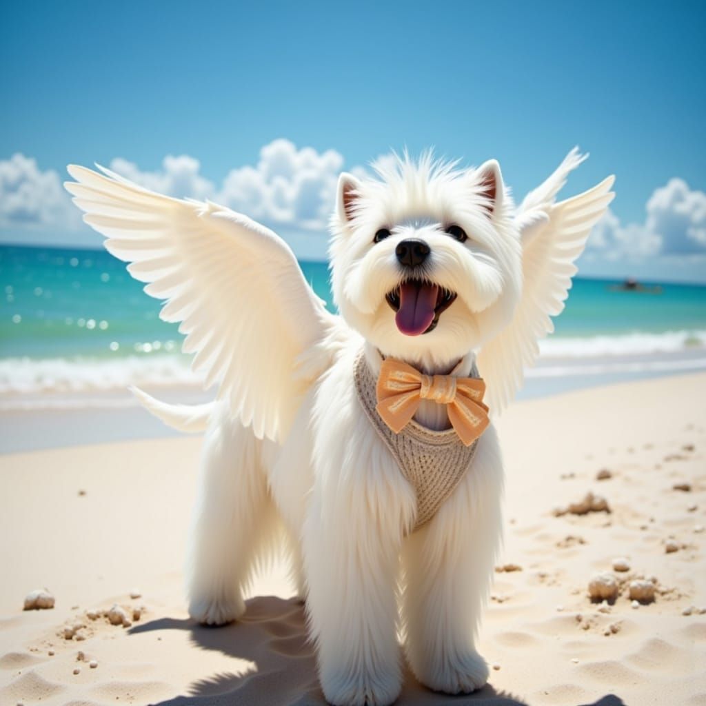 Westie with Pegasus Wings Takes Flight on Beach